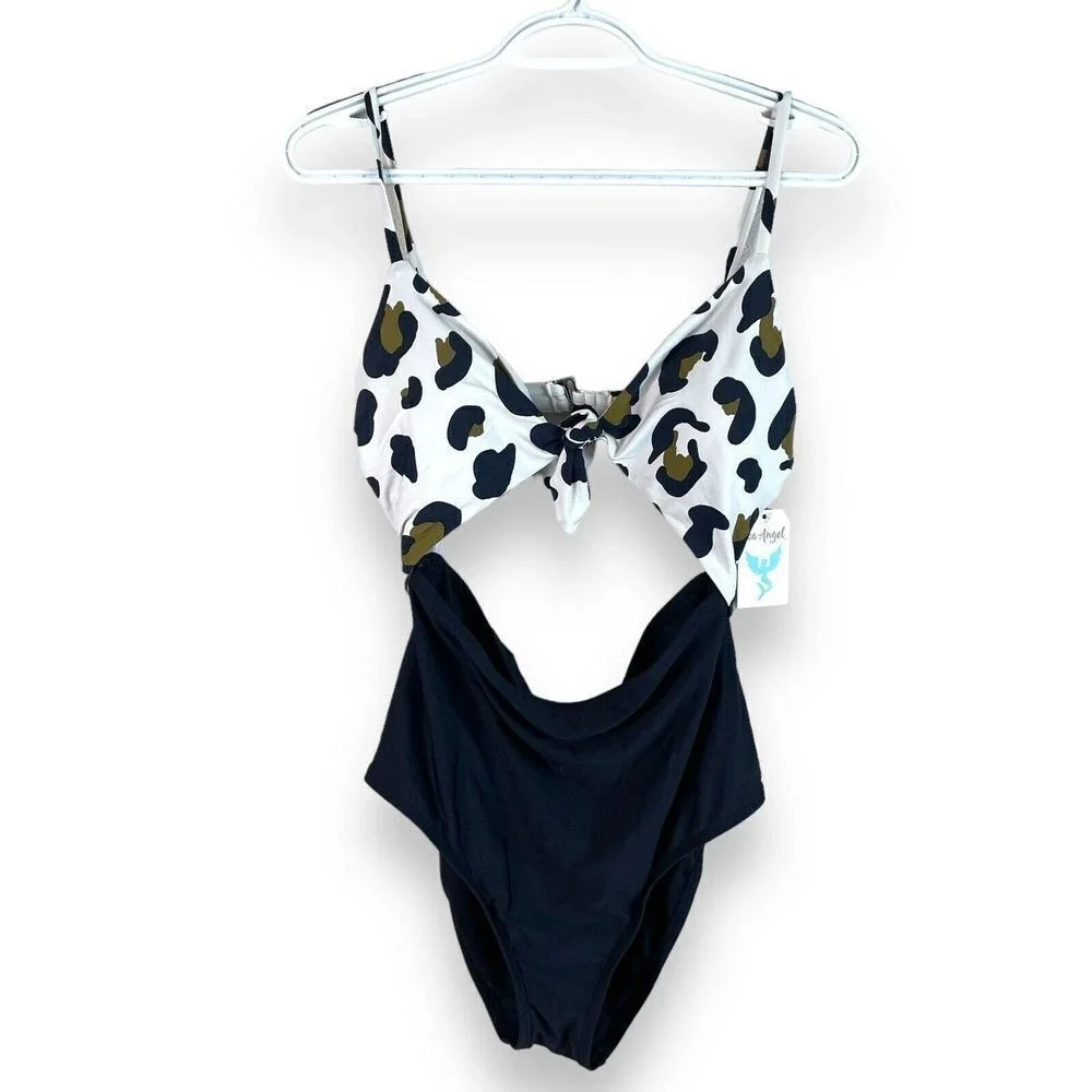 Sea Angel One Piece Swimsuit Womens L Black‎ Leopard Print Cutout Tie Front